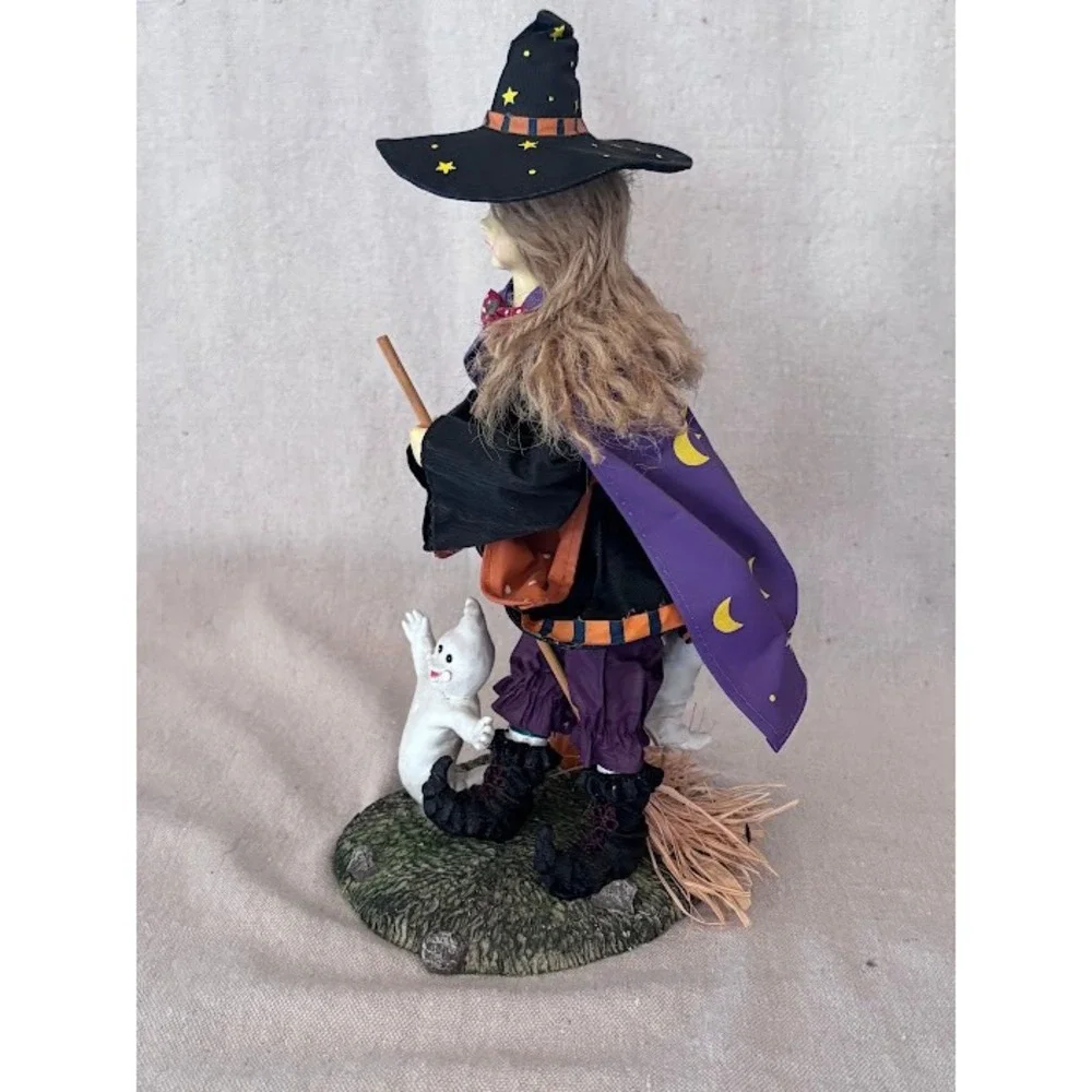 Vintage‎ Halloween Fabric Mache Witch Figurine with Broom, Ghost, and Pumpkin